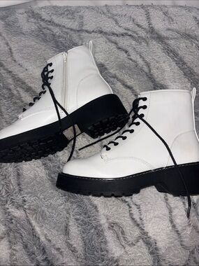 White Platform Madden Girl Carra Combat Boots with Black Soles